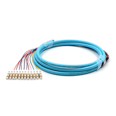 LC UPC 12 Cores PVC Bundle Fan Out Fiber Optic Pigtail Multimode OM3 Aqua Jacket