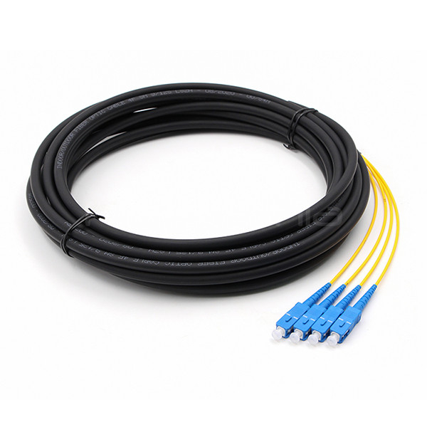 SC UPC 4 Cores Waterproof Fiber Optic Pigtail Single Mode OS2 PE Black Jacket